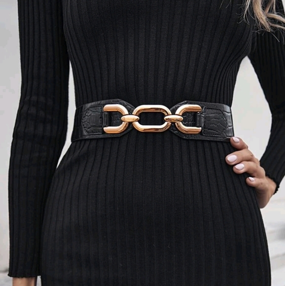 Boutique Accessories - Womens Black Vegan leather elegant corset chunky Gold link boho wide waist belt